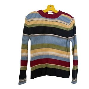 Liz Claiborne Vintage Colorful Striped Ribbed Sweater Medium Cotton Cottagecore